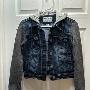 Wallflower Dark Blue Denim Jacket with Gray Knit Sleeves and Hood